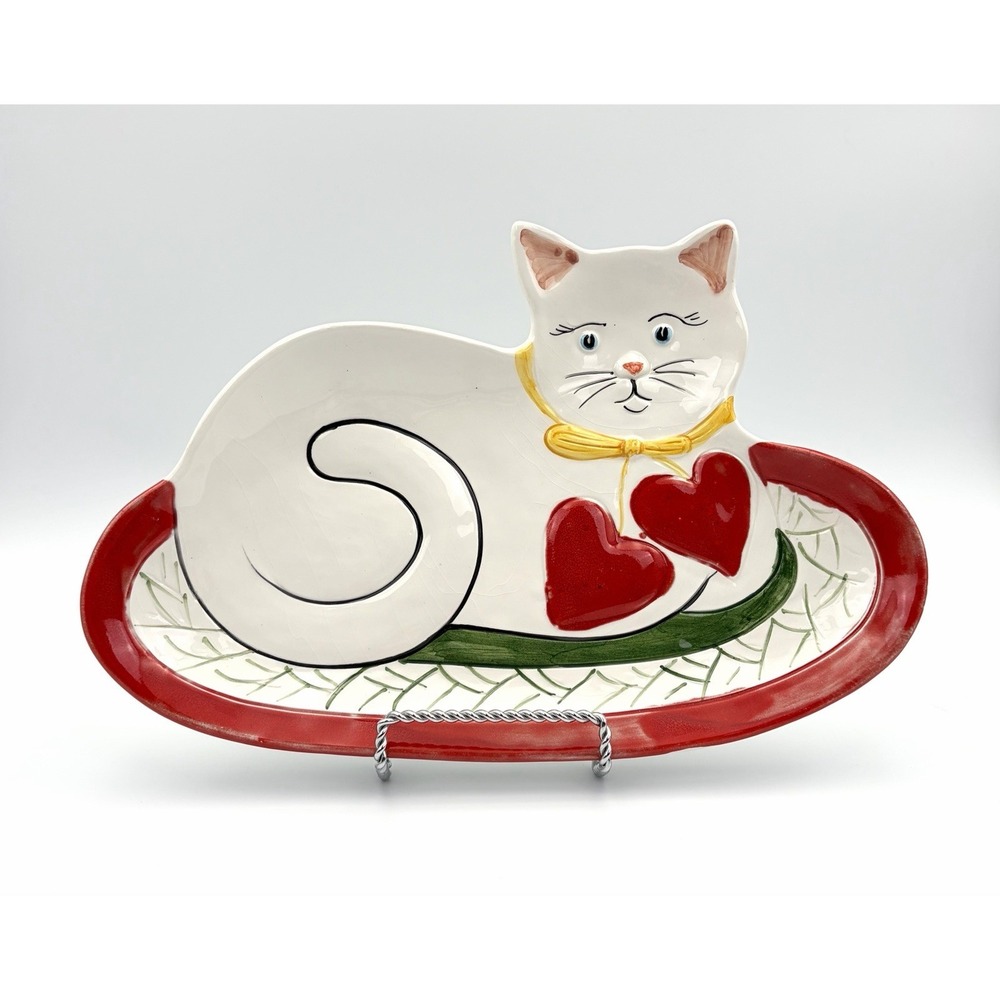 Vintage Hand Painted Ceramic Cat Shape 3D Trinket Dish Plate Red Hearts Italy
